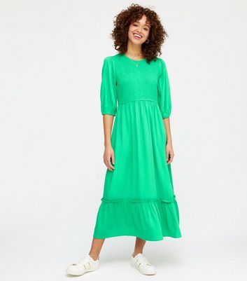 Green Shirred Frill Hem Midi Dress ...